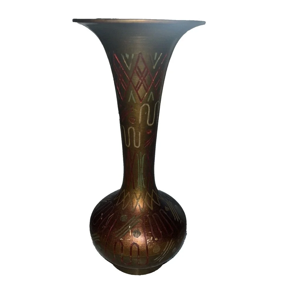 Vintage Brass Vase w/geometric Lines Indian Decoration Marked J.D India 245 M 8